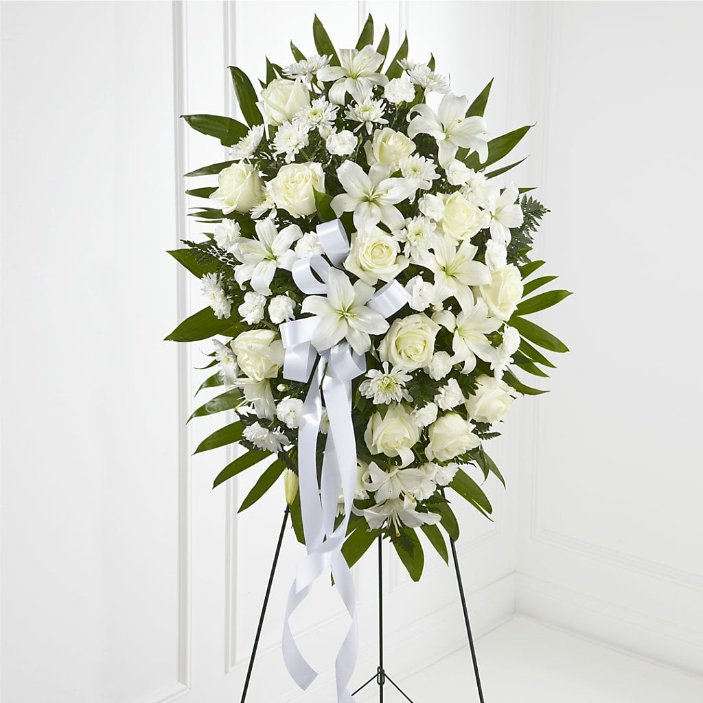 Exquisite Tribute Standing Spray-White Ribbon – Tri-city Florist, Vista CA